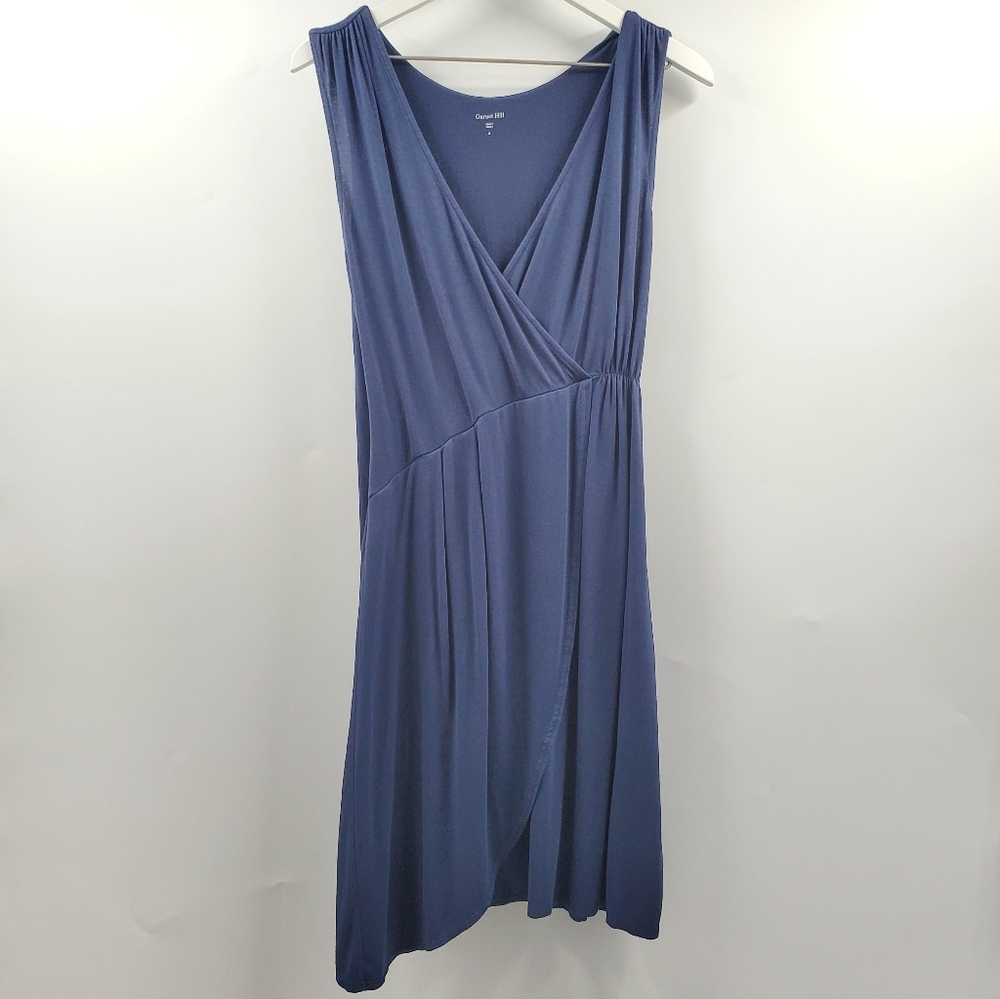 Garnet Hill Faux Wrap Dress Navy Blue V-Neck Drapey